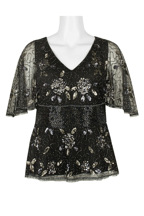 Adrianna Papell V-Neck Short Sleeve Zipper Back Embellished Mesh Top