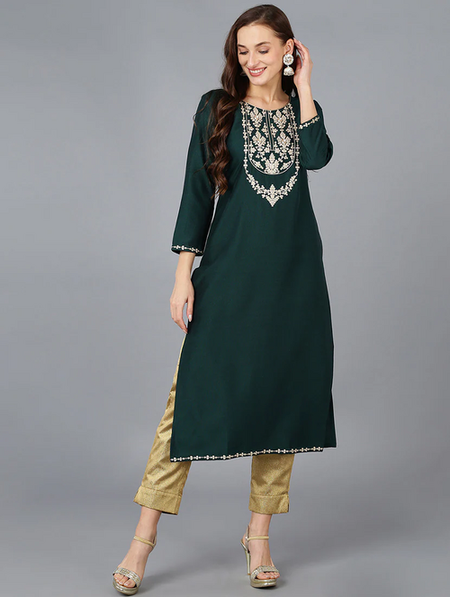 Women's straight kurta Golden Neck Printed (Size-L) (Color-DARK GREEN)