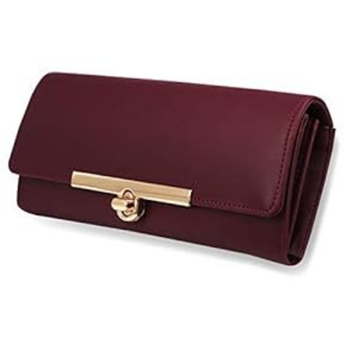 Women's Maroon Hand Clutch Wallet Purse trendy lock closure