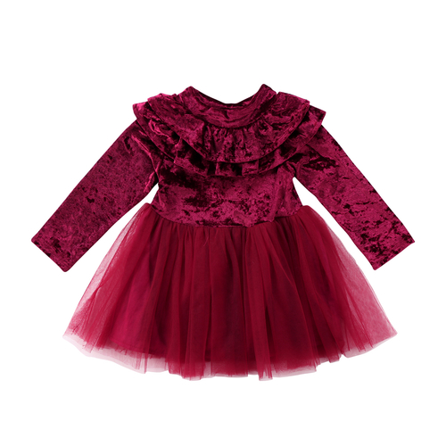 Long Sleeve Kids Baby Girls Dress Velvet