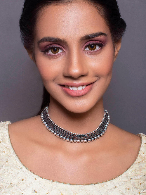 Metal Beaded Silver Plated Oxidised Necklace