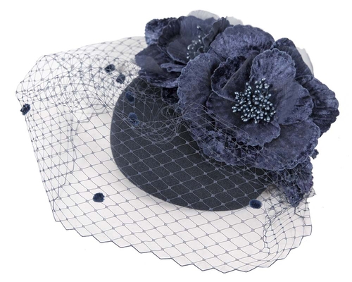 Navy winter racing felt pillbox with flower and veiling