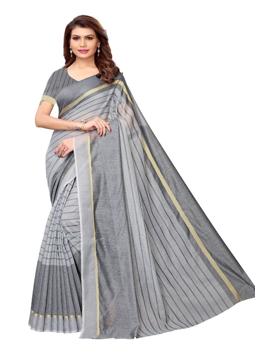 Generic Women's Cotton Saree (Grey, 5-6 Mtrs)