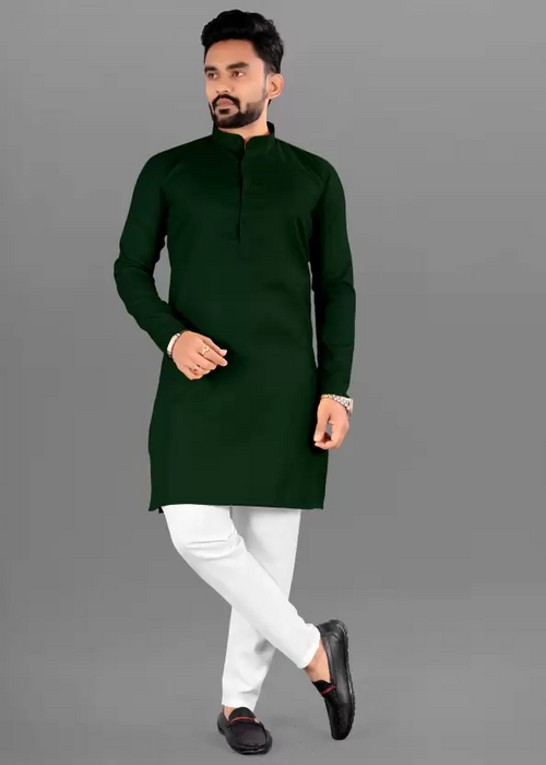 Men Solid Cotton Blend Straight Kurta  (Dark Green) (Size UK 34)