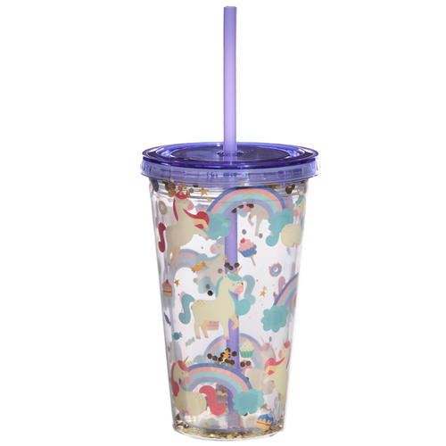 Fun Unicorn Design Glitter Double Walled Cup with Lid and Straw