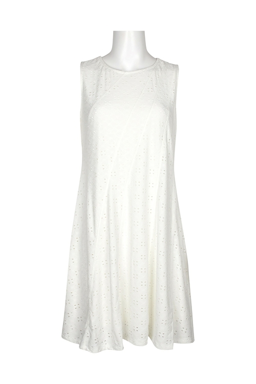 Melissa Paige Crew Neck Sleeveless Solid Shift Jersey Eyelet Dress