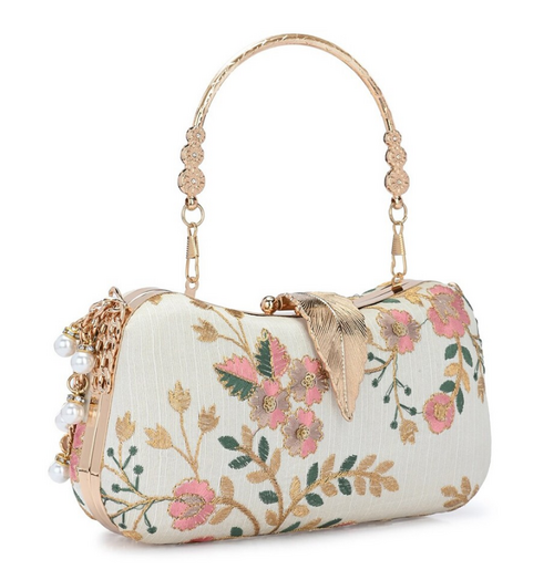 Women Cream Embellished Wrist Loop Box Clutch