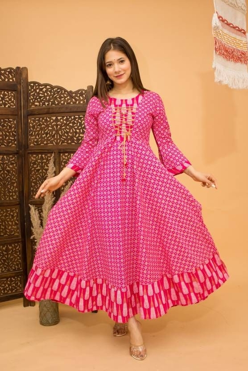 Women Printed Viscose Rayon Gown Flared Kurta SIZE-M COLOR-PINK