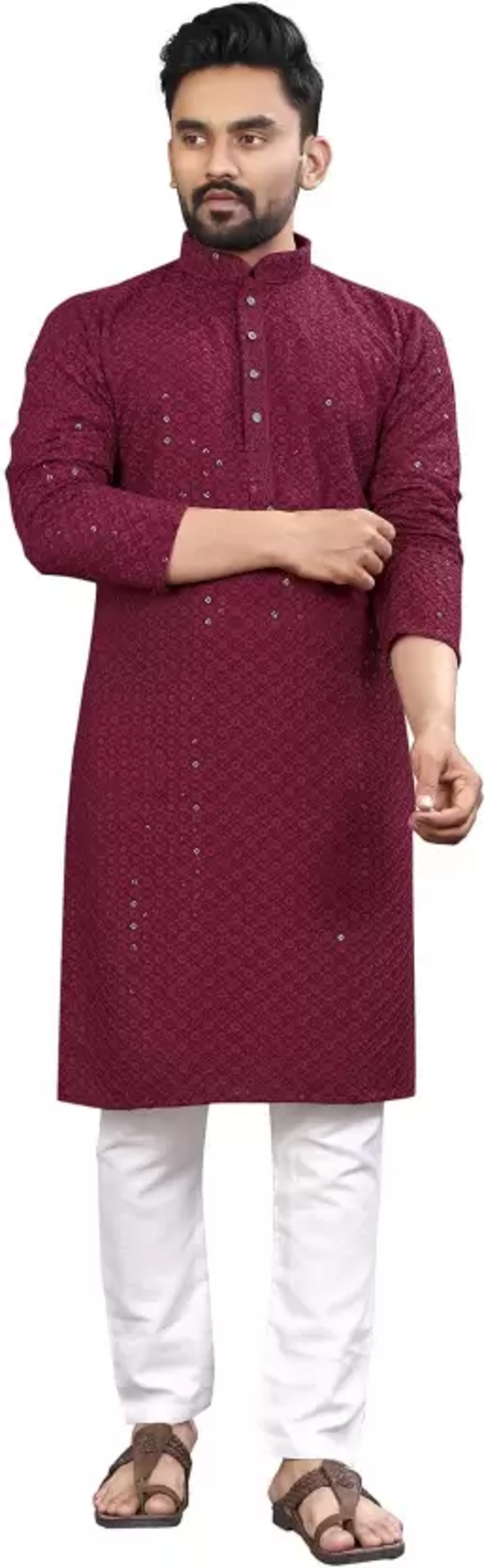 Men Embroidered Cotton Rayon A-line Kurta  (Maroon) (Size UK 36)