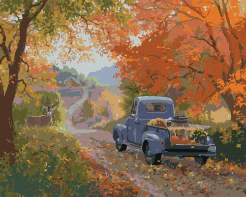 Paint by Numbers - DEER, BLUE CAR AND AUTUMN TREES (ABRAHAM HUNTER)