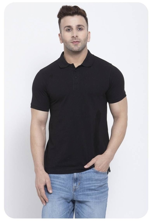 Men Solid Polo Neck Cotton Blend Black T-Shirt (Size-M) (Color-BLACK)