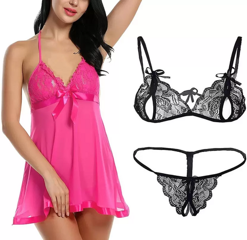 Women's Bra & Panty Set Self Design Dark Pink, Black Lingerie Set