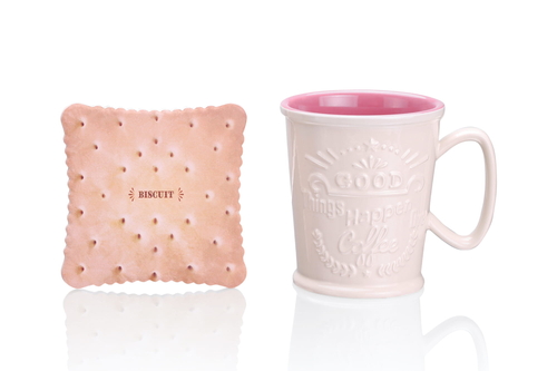 Embossed 3D Coffee Latte Mug 380ml and coaster, pink-cream