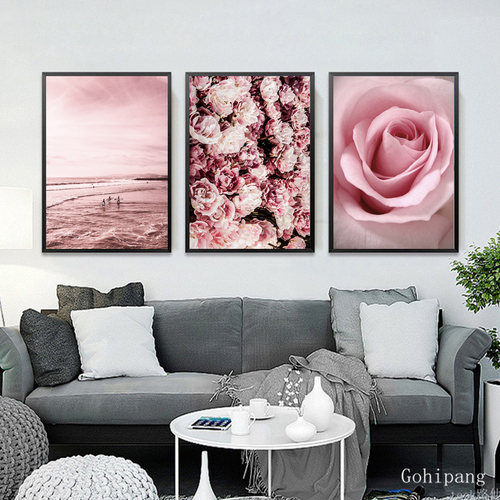 Pink Flower Beach Scandinavian Landscape Canvas