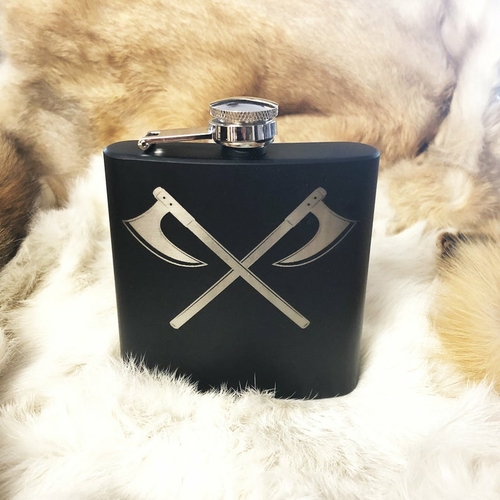 Double Axe War Axe Mat Black Flask 8oz Stainless Steel