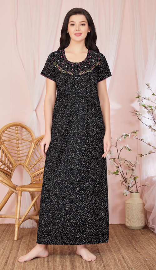 Women Printed Scoop Neck Short Sleeves CottonBlend Maxi Nightdress