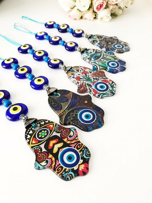 hamsa mosaic wall hanging with evil eye beads