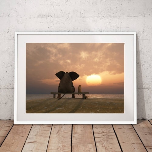 Elephant And Dog Looking At Sunset Canvas Painting