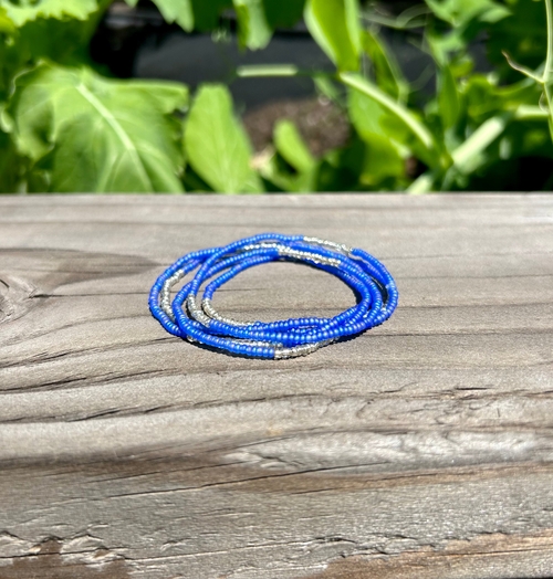 Cornflower Blue Silver-Striped Beaded 5-Wrap Boho Bracelet