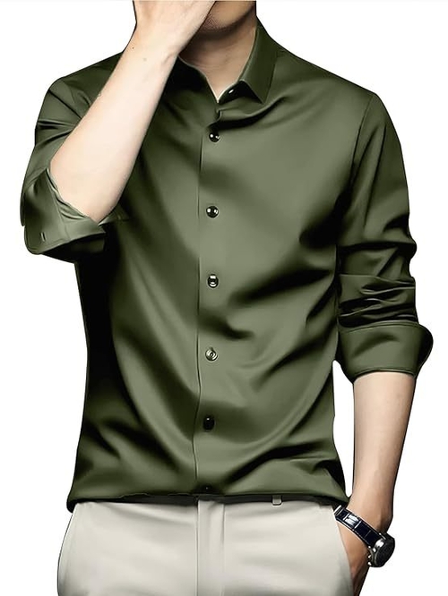 Men Regular Fit Full Sleeve Satin Silk Shirt (Size-L) (Color-OLIVE)