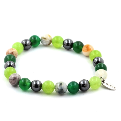 Hematite + Green Agate + Peridot + Bamboo Leaf Agate Bracelet 8 mm.