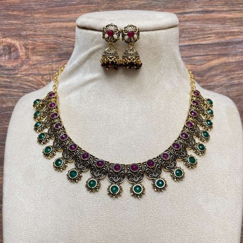 Antique Golden Necklace Pink&Green