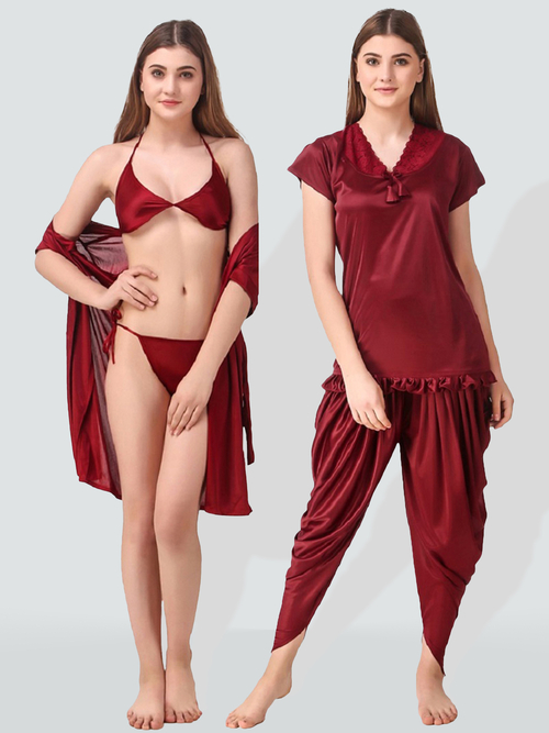 Romaisa Women's Satin Solid Maroon Nightwear Set ( Pack of 5 )