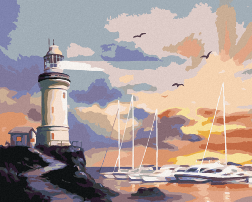 Zuty - Paint by Numbers - SAILING SHIP, LIGHTHOUSE AND SUNSET (D.