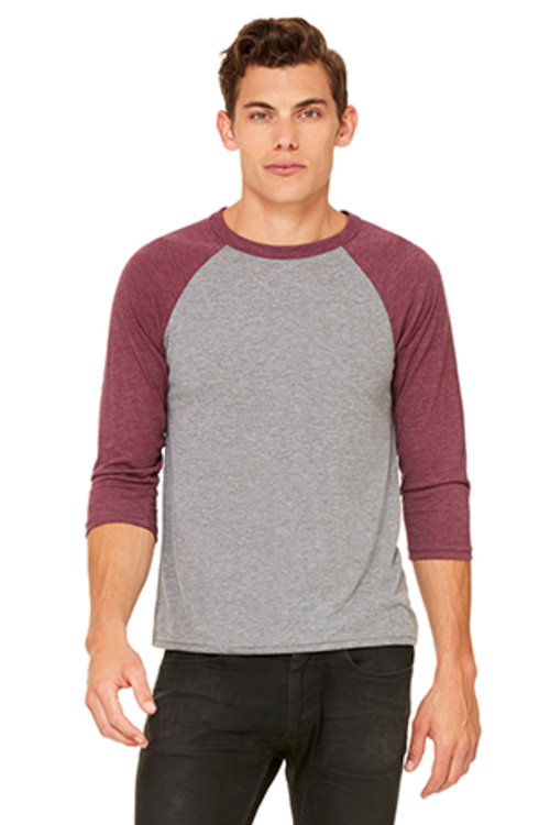 Bella 3200 Unisex 3 By 4 Sleeve Baseball Tee - Grey & Maroon Triblend&