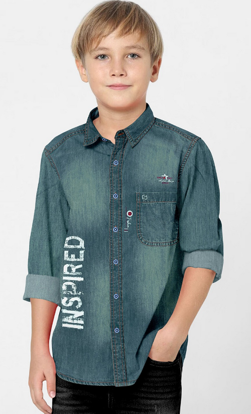 Boys Classic Spread Collar Faded Denim Casual Shirt (Color Green)