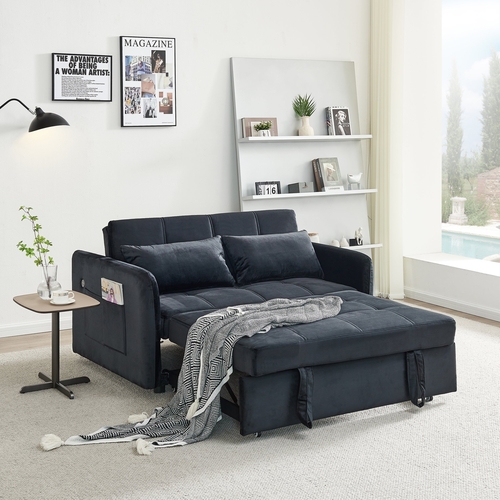 55.5" Twins Pull Out Sofa Bed  Black Velvet