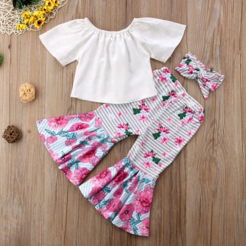 3Pcs Kids Baby Girls Off Shoulder Tops Wide Leg