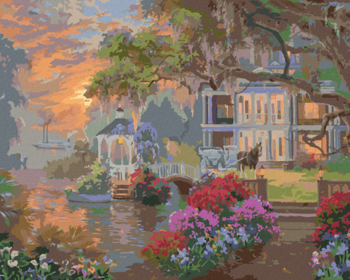 Paint by Numbers - GAZEBO BY THE HOUSE, A CARRIAGE AND SUNSET (ABRAHAM