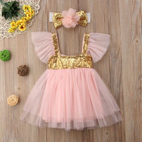 Newborn Girl Kids Princess Sequins Dress Lace