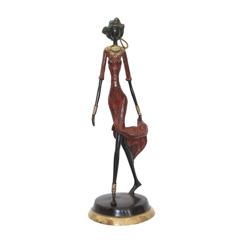 African Retro Elegant Lost Wax Bronze Female Figurine in Red Dress