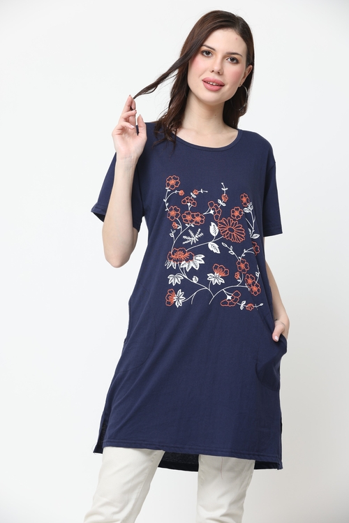 Women'S Round Neck Cotton Printed Long Tshirt (Size-L) (Color-Navy