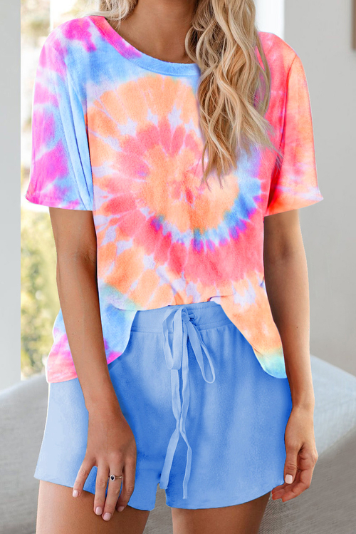 Sky Blue Tie Dye Printed Short Lounge Set
