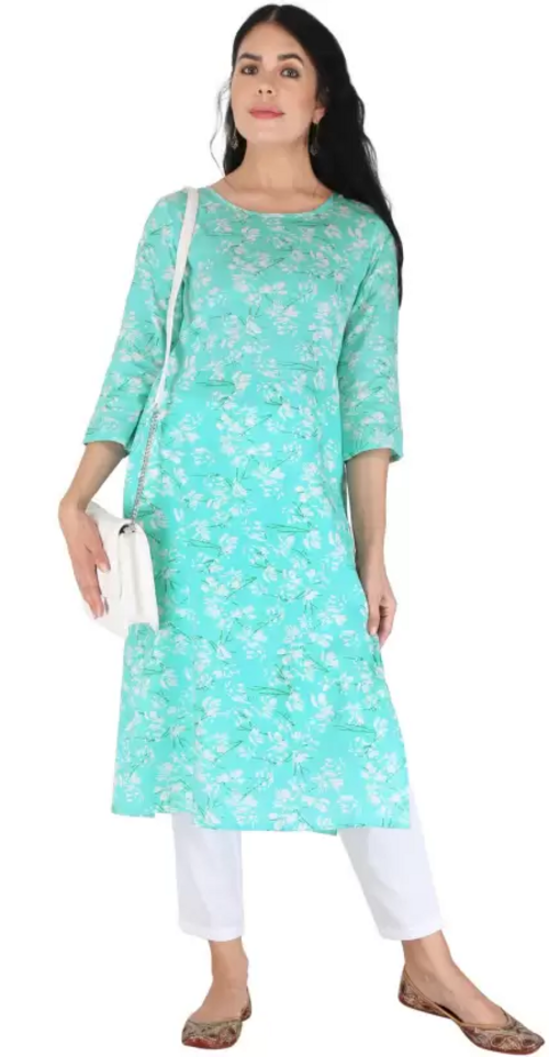 Women Floral Print Viscose Rayon Straight Kurta  (Light Blue) Size XXL