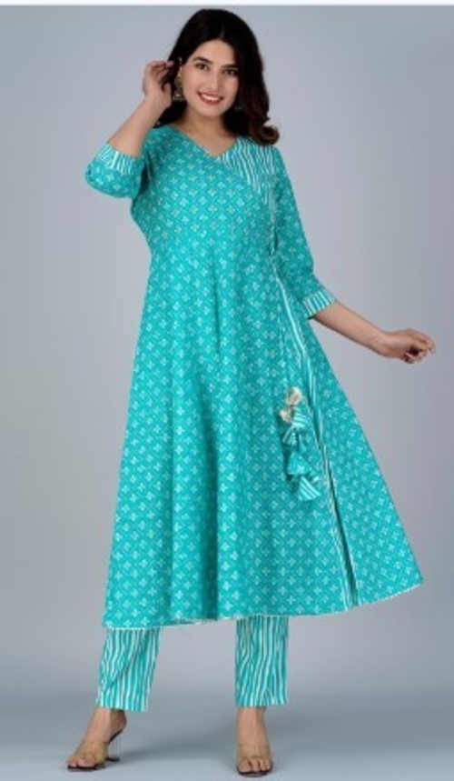 Ethnic Motifs Printed Angrakha Pure Cotton Kurta & Pyjamas with