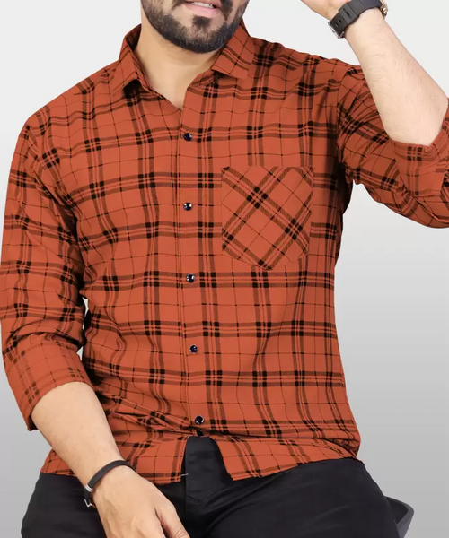 Men Regular Fit Checkered Spread Collar Casual Shirt Orange (Size S)
