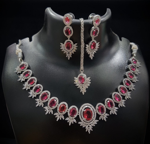 Maroon Stone Women Necklace Set With Long Maang Tika & Two Drop