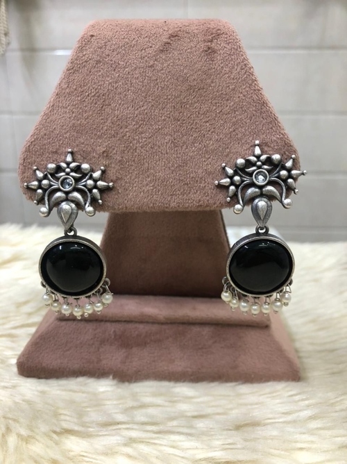 Black Beautiful Unique Design Oxidise Silver Oversized Stud Earring