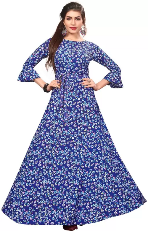 Women's Printed Crepe Stitched Anarkali Gown (Blue) (Size S)