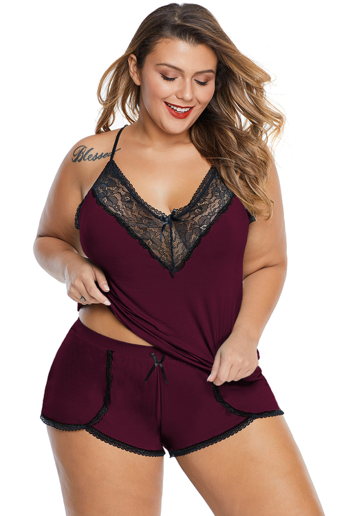 Wine Plus Size Pajamas Cami Shorts Set