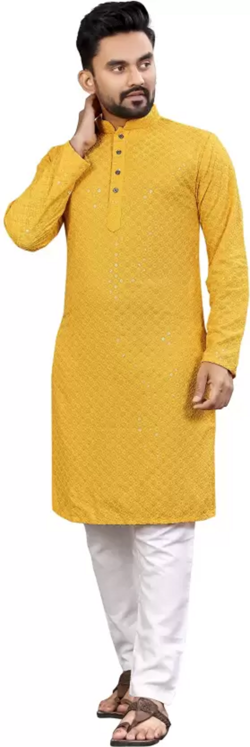 Men Embroidered Cotton Rayon A-line Kurta  (Yellow) (Size UK 32)