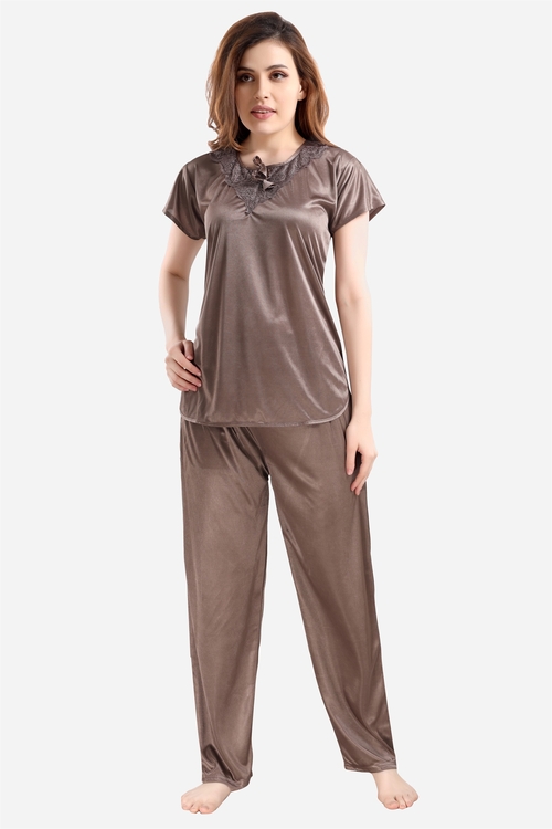 Romaisa Women's Satin Solid Light Brown Regular Length Top and Pyjama