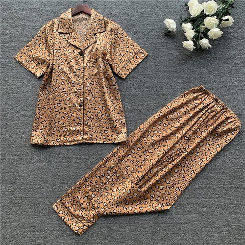 Women Satin Pajamas Set Leopard Print Pyjama