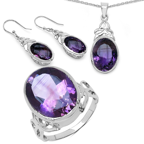 26.66 Carat Genuine Amethyst .925 Sterling Silver Ring, Pendant and