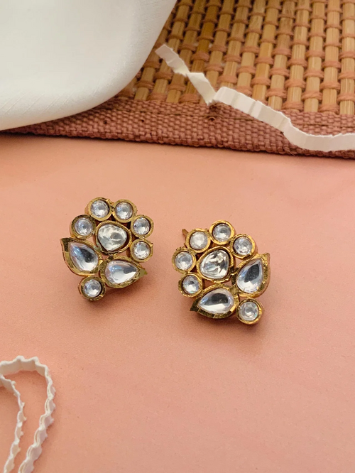 Elegant Gold Plated Flower Polki Diamond Stud Earring