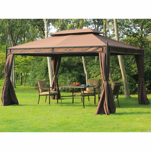 Outsunny 10x13ft Garden Gazebo with Curtain Double-Tiered Outdoor